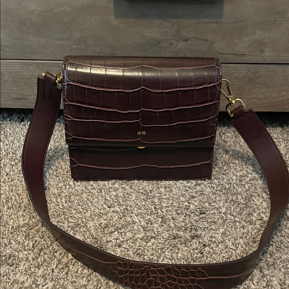 JW PEI Dark Brown Croc-Embossed Crossbody Bag